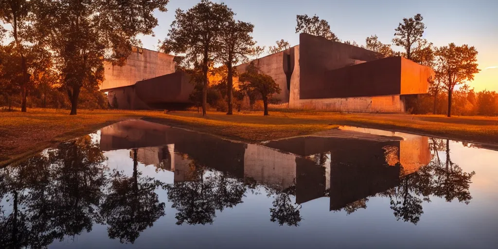 Image similar to huge building in shape of skull by le corbusier brutalism, puddles of water, trees, sunrise, orange glow, by greg rutkowsky and ivan shishkin,