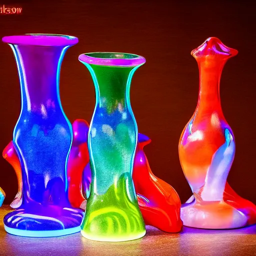 Prompt: murano glass vase shaped like dancing animals, dim neon lighting showcase, professional photo, cyberpunk, 8 k, 4 k, studio lighting