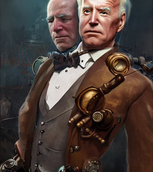 Image similar to portrait of steampunk joe biden cosplaying, by wlop, by simon stalengrad, by ilya repin, bioshock screenshot, photorealistic fan art, detailed shading, intricate abstract