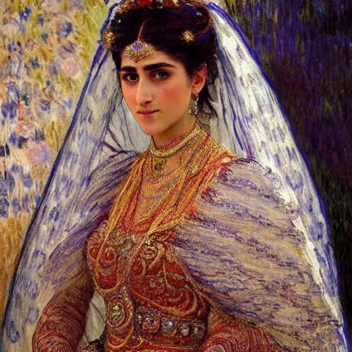 Image similar to full body portrait of a beautiful Kurdish bride wearing a beautiful wedding dress, very detailed eyes, hyperrealistic, beautiful and symmetrical face, very detailed painting by Claude Monet and Alphonse Mucha, ornate, trending on artstation, extremely high detail, incredibly intricate