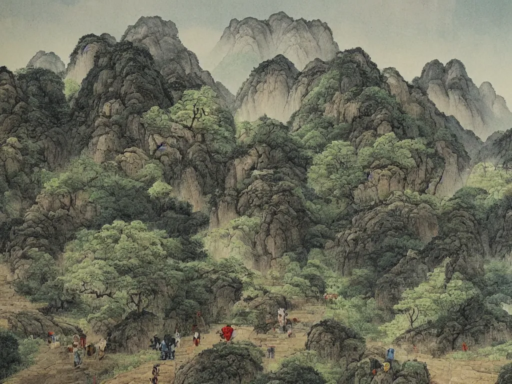 Image similar to landscape painting by shenzhou 沈 周, mountains, karst, waterfalls, peasants working, farm animals, ox, long stairs through the hills, ponds