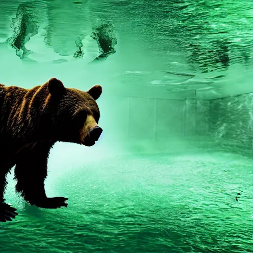 Prompt: zombie bear swimming in a toxic green pool of liquid, photo image by national geographic + realistic horror