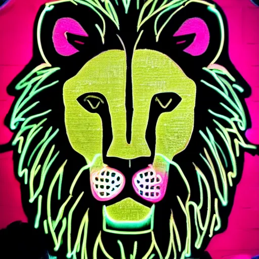 Image similar to black canvas, lion, neon lights, strawberry, dja