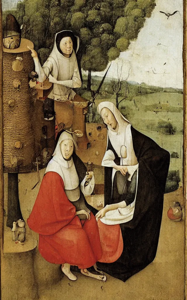 Prompt: two sisters or on the terrace by hieronymus bosch, delights,