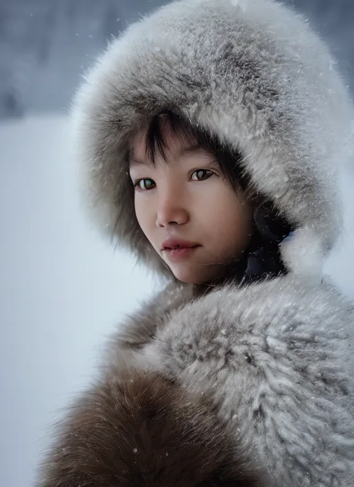 Image similar to closeup portrait of an eskimo girl, depth of field, zeiss lens, detailed, symmetrical, centered, fashion photoshoot, by Annie Leibovitz and Steve McCurry, David Lazar, Jimmy Nelsson, Breathtaking, 8k resolution, extremely detailed, beautiful, establishing shot, artistic, hyperrealistic, beautiful face, octane render