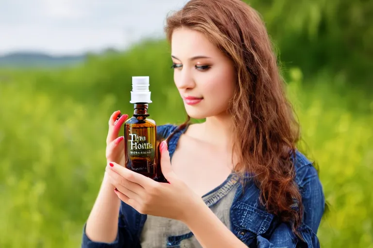 Image similar to beautiful girl holding a bottle of hawthorn tincture in her hands, professional shooting, model shooting, high quality, professional light,