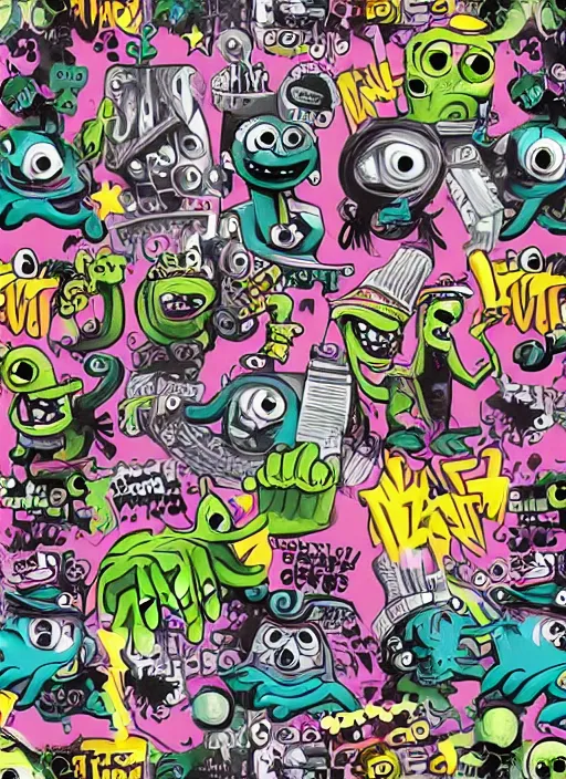 Image similar to beautiful graffiti monsters with a cannon for arm black background paper