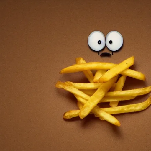 Image similar to photo of [ a single salted french fry chip ] shaped like that looks like stephen fry as a pixar character hybrid intercross mix cinematic lighting