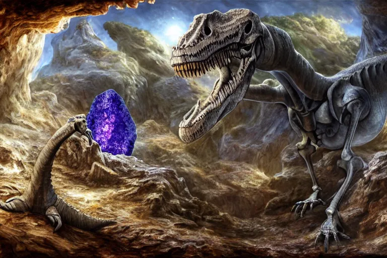 Image similar to dinosaur skeleton in a crystal geode ((in a crystal geode))(((in a crystal geode))), matte-painting