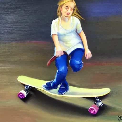 Image similar to girl playing skateboard, oil painting