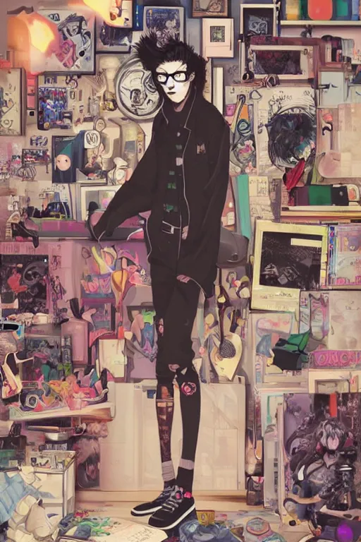 Prompt: nerdy goth guy, cluttered messy 9 0 s bedroom, by sana takeda, sana takeda art, vaporwave, 9 0 s aesthetic, 9 0 s vibe, concept art, full body character concept art, perfect face, detailed face,