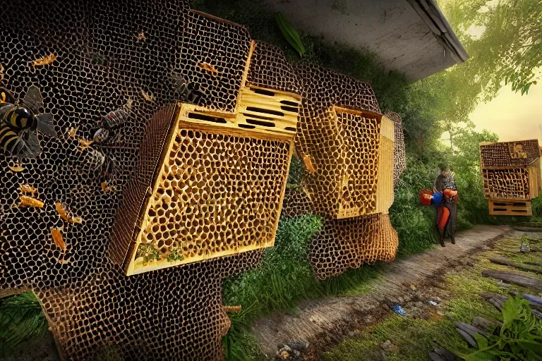 Image similar to favela lobster honeybee hive, wooded environment, industrial factory, whimsically, award winning art, epic dreamlike fantasy landscape, ultra realistic,