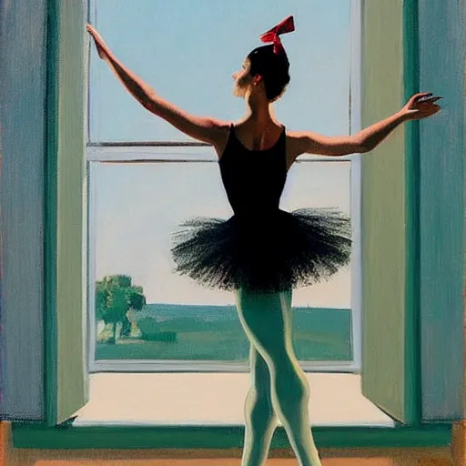 Prompt: artwork painting of a ballet dancer in a black tutu standing in front of a window with perfect blue sky by jack vettriano h 6 4 0