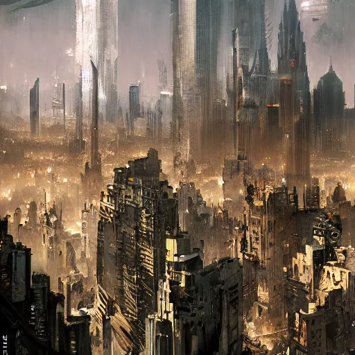 Image similar to A giant cityscape, by Greg Rutkowski and Dave McKean