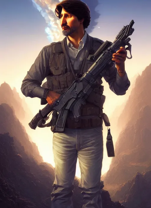 Image similar to highly detailed portrait justin trudeau in ( ( osama bin laden ) ) holding desert eagle! in saints row iv stephen bliss unreal engine fantasy art by greg rutkowski loish rhads ferdinand knab makoto shinkai lois van baarle ilya kuvshinov rossdraws tom bagshaw global illumination radiant light detailed intricate environment