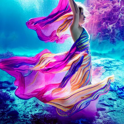 Image similar to woman dancing underwater wearing a flowing dress made of blue, magenta, and yellow seaweed, delicate coral sea bottom, swirling silver fish, swirling smoke shapes, octane render, caustics lighting from above, cinematic, hyperdetailed