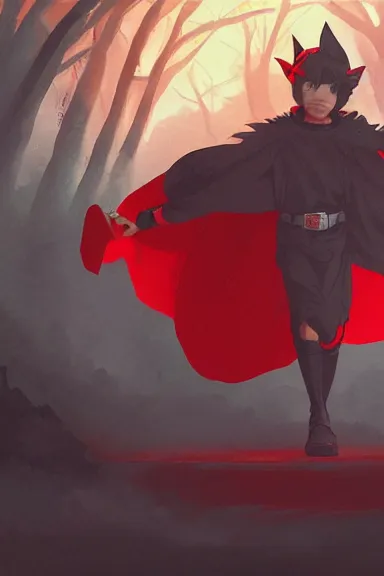 Image similar to little boy with cat ears in an black outfit with red cape. digital artwork made by lois van baarle and kentaro miura and marc simonetti, sharpness focus, inspired by hirohiko araki, anatomically correct, heroic composition, hero pose, smooth