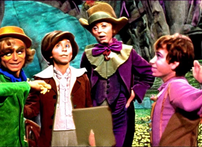 Image similar to film still of Peter Pan in Willy Wonka's and the Chocolate Factory 1971