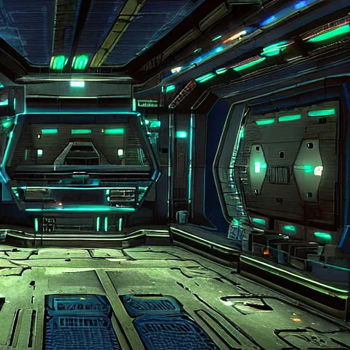 Prompt: Screenshot of a derelict and abandoned futuristic spaceport from the computer game system shock 2 from 1999.High quality , highly detailed, 4k , dead space , system shock 2 , world of war spaceships