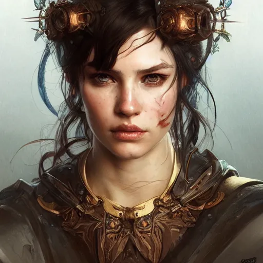 Prompt: portrait of rugged female as a bruised knight, fantasy, intricate, headshot, highly detailed, digital painting, artstation, concept art, sharp focus, cinematic lighting, illustration, art by artgerm and greg rutkowski, alphonse mucha, cgsociety