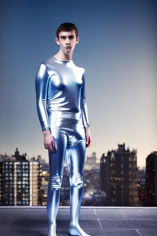 Image similar to un ultra high definition studio quality photographic art portrait of a young man standing on the rooftop of a british apartment building wearing soft baggy inflatable padded silver iridescent pearlescent clothing. three point light. extremely detailed. golden ratio, ray tracing, volumetric light, shallow depth of field. set dressed.