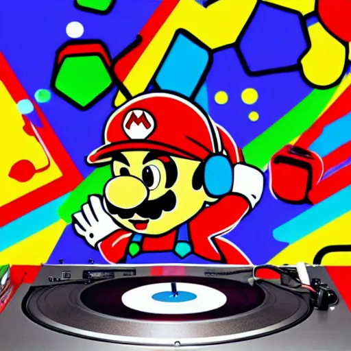 Image similar to svg sticker of a Pop-Wonder SuperMario, Mario-Wearing-a-red-hat, at a rave, spinning records, giant headphones rocking out, wearing headphones, huge speakers, dancing, rave, DJ, spinning records, digital art, amazing composition, rule-of-thirds, award-winning, trending on artstation, featured on deviantart