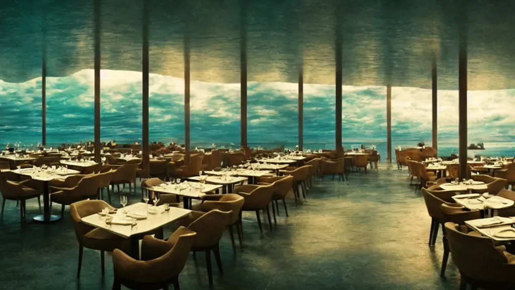 Prompt: restaurant where it looks like your walking on water, film still from the movie directed by Denis Villeneuve with art direction by Salvador Dalí, wide lens