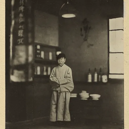 Prompt: Portrait of a 19th century Chinese man in an old traditional Chinese medicine store, 1900s photography