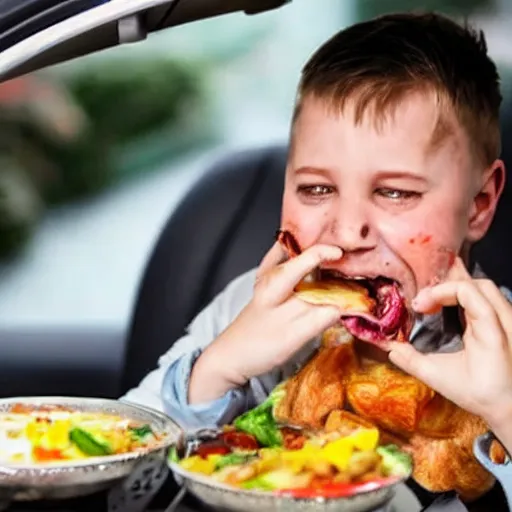 Prompt: food reviewer sitting in their car eating rotten flesh