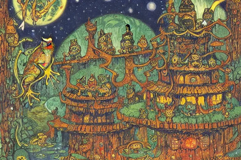 Image similar to a fantasy illustration, Castle of the frog king on Endor by Louis Wain (1920)