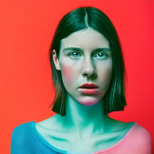 Prompt: A vibrant studio portrait photograph of a beautiful confused millennial woman by Alessio Albi and Nina Masic, trending on instagram, soft focus, vertical portrait, natural lighting, double exposure, f1.8, 50mm, micro details, cottagecore polaroid color scheme, classic chrome, film grain, light cyan, lavender blush, cinematic lighting