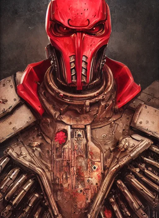 Image similar to portrait of rotten Nicolas Cage as adeptus mechanicus in red hood and robe from Warhammer 40000. Highly detailed, artstation, illustration by and John Blanche and zdislav beksinski and wayne barlowe