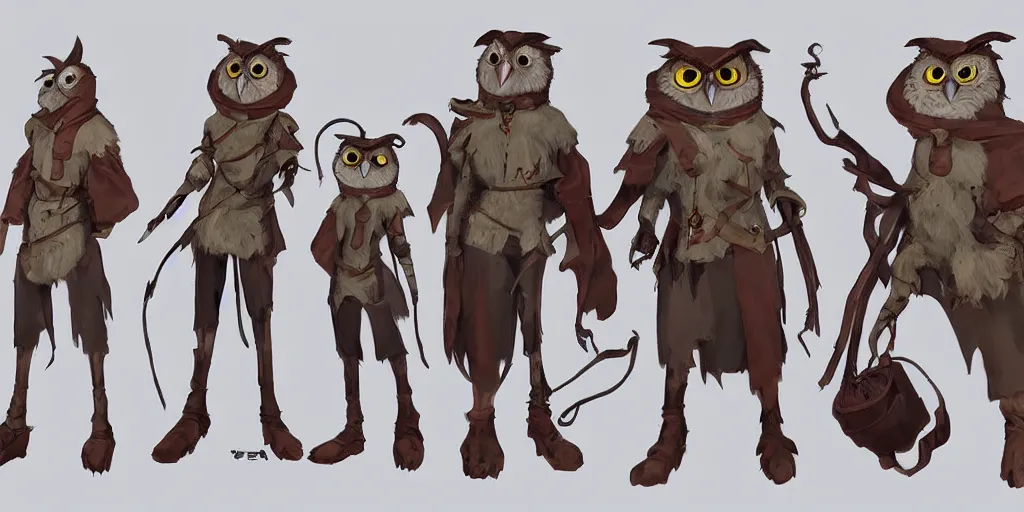 Prompt: character design, concept art, anthropomorphic owl wearing medieval clothes, unreal engine, by studio ghibli,