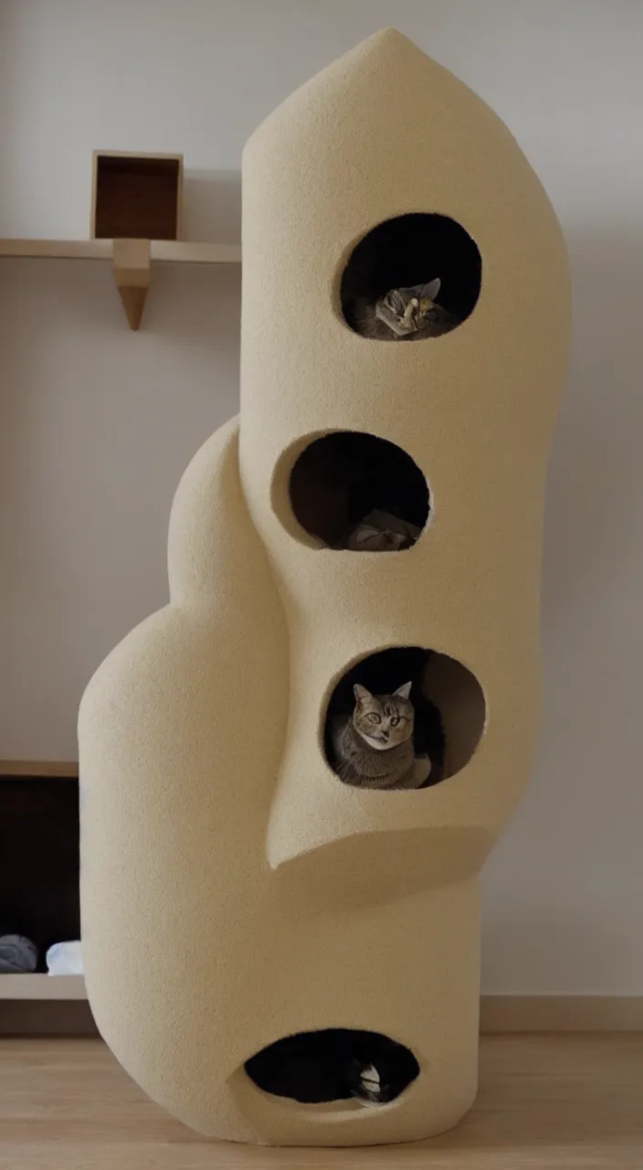 Prompt: a cat tower in the shape of a womb in the style of Le corbusier , almond shaped tunnel , cloud couch, engineering drawing