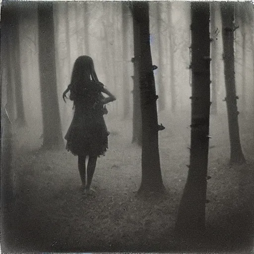 Image similar to an ancient evil-girl on a mysterious fractal forest devouring the human souls, mist, 1910 polaroid photography, grainy film, Black and white