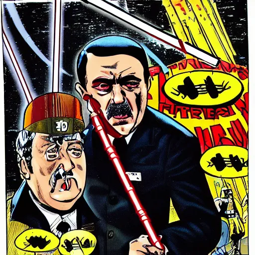 Image similar to comic book of angry jews with lightsabers and adolf hitler accurate eyes high detail