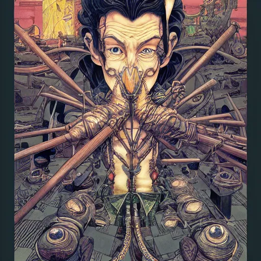 Image similar to portrait of crazy pinocchio, symmetrical, by yoichi hatakenaka, masamune shirow, josan gonzales and dan mumford, ayami kojima, takato yamamoto, barclay shaw, karol bak, yukito kishiro