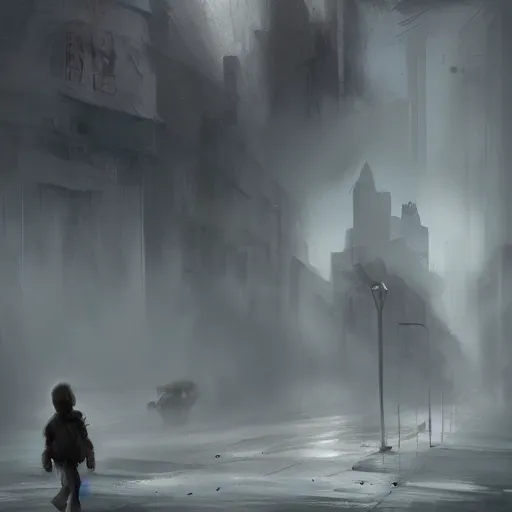 Prompt: A lost boy wandering+poor+decimated city+foggy,detailed, artstation, concept art