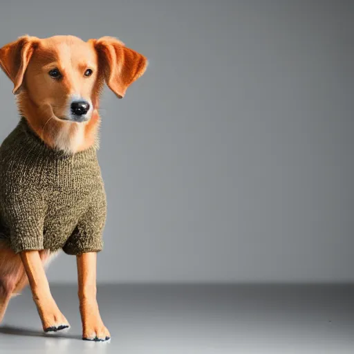 Image similar to cute goldador dog, professional photography, ultra detail, realistic, wearing a knit sweater