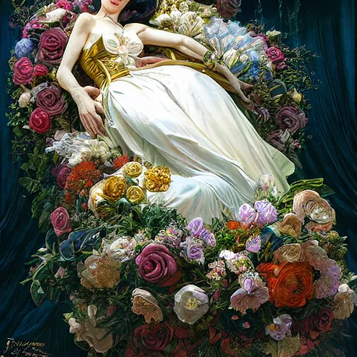 Image similar to an elaborate coffin with a mysterious sleeping beauty holding a large bouquet of flowing flowers, hands hidden under the bouquet, top view, fantasy, regal, intricate, by stanley artgerm lau, greg rutkowski, thomas kindkade, alphonse mucha, loish, norman rockwell