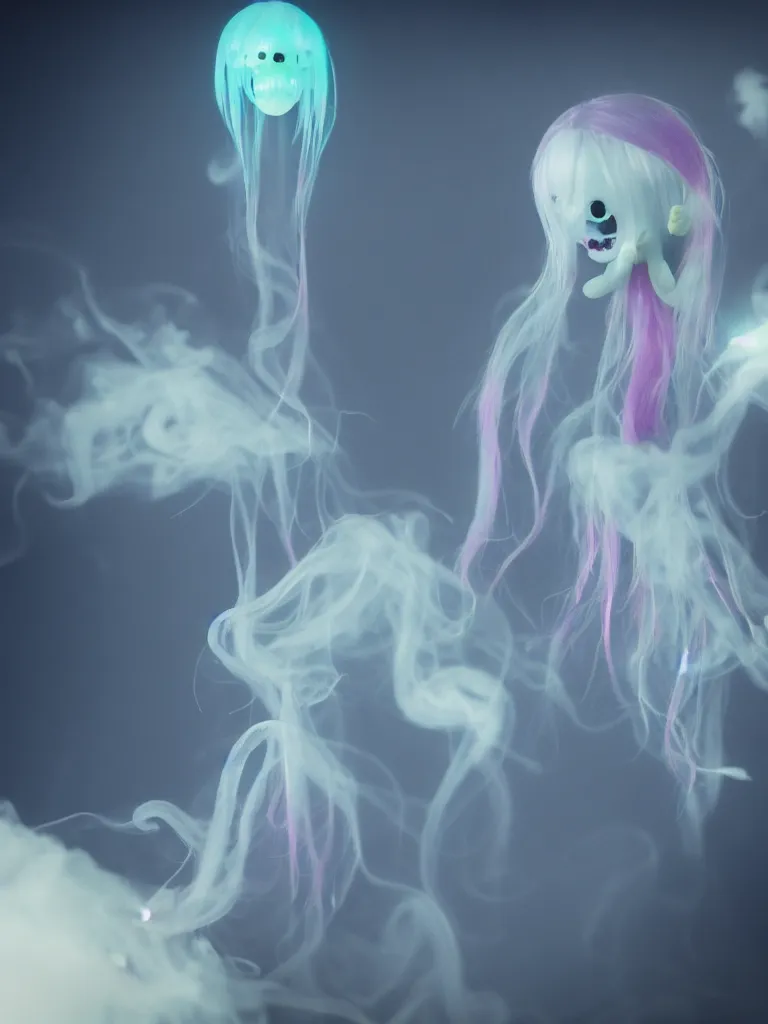 Prompt: cute fumo plush smiling ectoplasmic gothic macabre jellyfish ghost girl, glowing wisps of hazy smoke and volumetric fog, lens flare, vignette, bokeh, refraction, vray