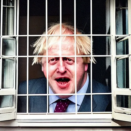 Prompt: a photo taken from the inside of an old house, showing window blinds being pulled back to reveal a terrifying boris johnson with his unhinged face pressed against the window, boris ’ hand placed on the window, horrifying grin. horror, raining, night time