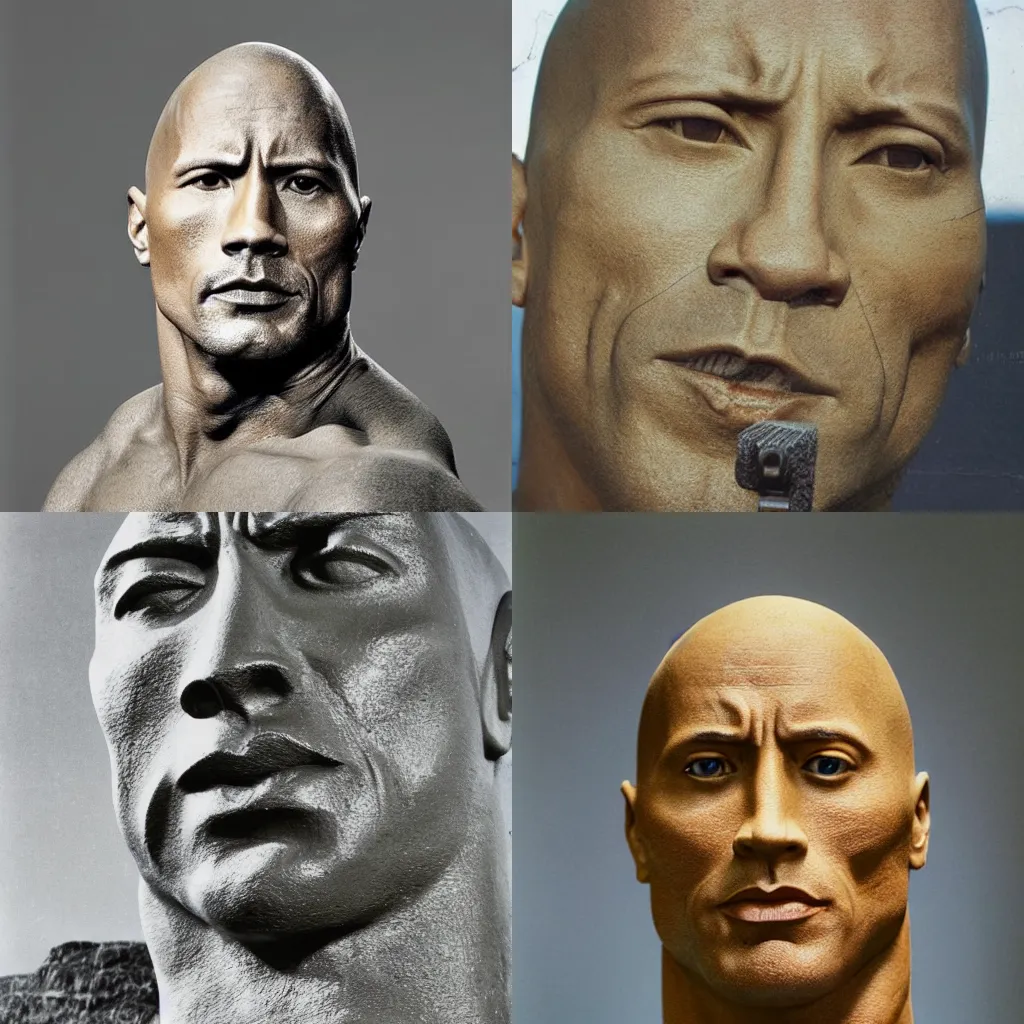 Prompt: a rock sculpture of dwayne johnson, museum photograph