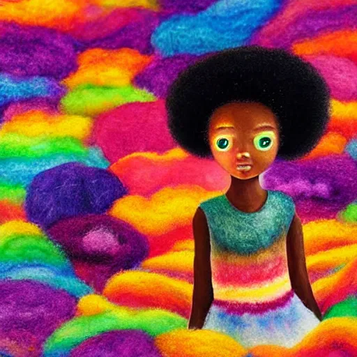 Image similar to a black girl with a colorful afro and rainbow eyes, in a candy forest! at night, bokeh, bright colours, watercolor, volumetric wool felting, macro photography, children illustration, by goro fujita