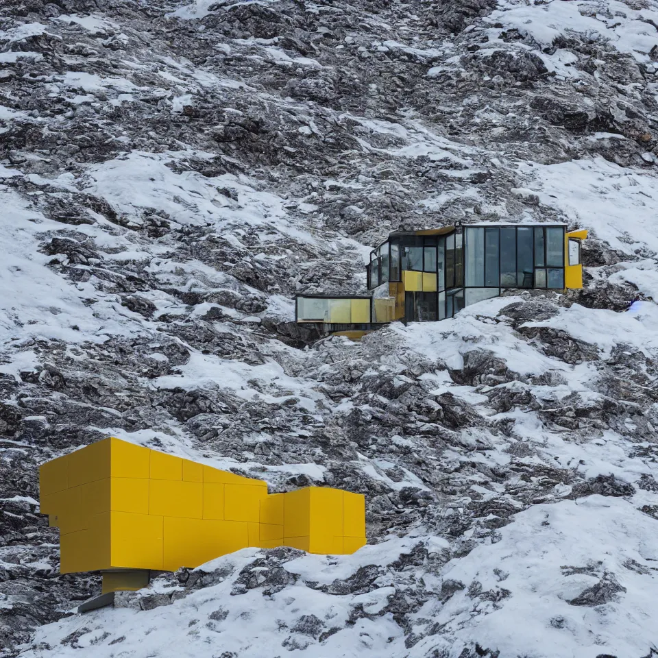 Prompt: an asphalt road leading to a mid-century modern house with large windows on top of a cliff in the arctic, covered with snow, designed by Frank Gehry. Big tiles. Film grain, cinematic, yellow hue