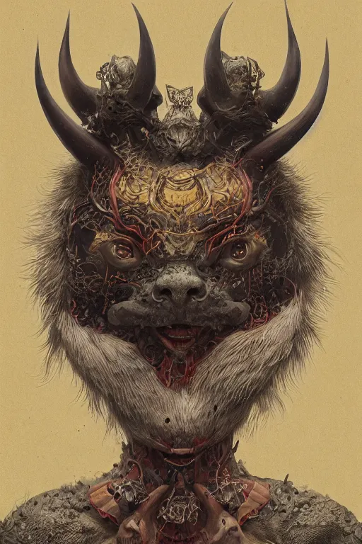 Image similar to a portrait of a symmetrical japanese devil animal illustrated by miyazaki by karol bak, james jean, tom bagshaw, rococo, sharp focus, trending on artstation, cinematic lighting, hyper realism, octane render, 8 k, hyper detailed, vivid, ultra detailed, highly detailed