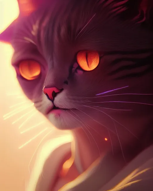 Image similar to portrait of humanoid cat, highly detailed vfx portrait, unreal engine, greg rutkowski, loish, rhads, beeple, makoto shinkai and lois van baarle, ilya kuvshinov, rossdraws, tom bagshaw, alphonse mucha, global illumination, detailed and intricate environment