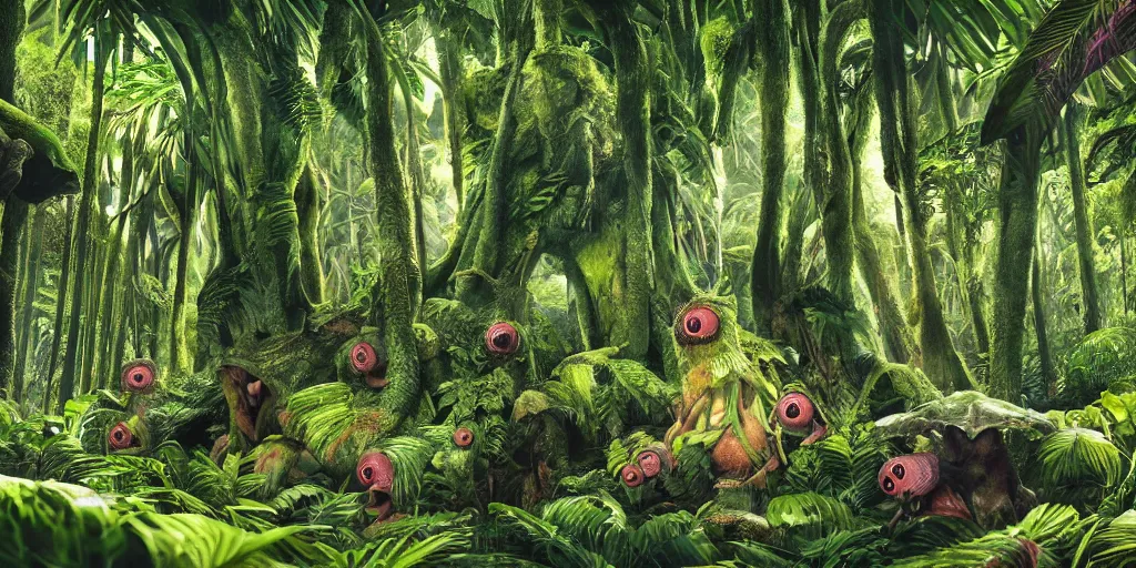 Prompt: of a lush rainforest with strange cute friendly creatures with huge eyes, mouth, long tongue and round teeth appearing from the trees, in the style of gehry and gaudi, macro lens, highly detailed, shallow depth of fielf, digital painting, trending artstation, concept art, illustration, cinematic lighting, vibrant colors, photorealism, epic, octane render
