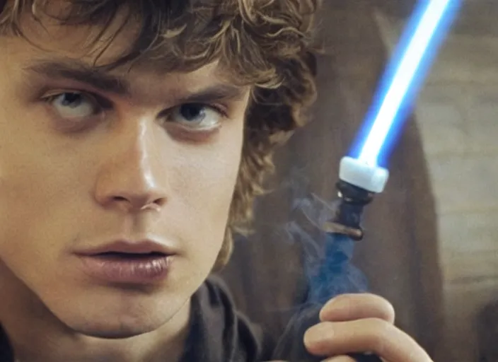 Prompt: anakin skywalker smoking a bong in the basement