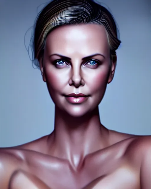 Image similar to charlize theron, photo, ultra detail, photoreal, professionally retouched, soft moonlight lighting, shiny plastic bikini, realistic, smooth face, goddess, luscious lips, perfect eyes, wide angle, sharp focus on eyes, 8 k high definition, insanely detailed, intricate, elegant, art by artgerm and wlop